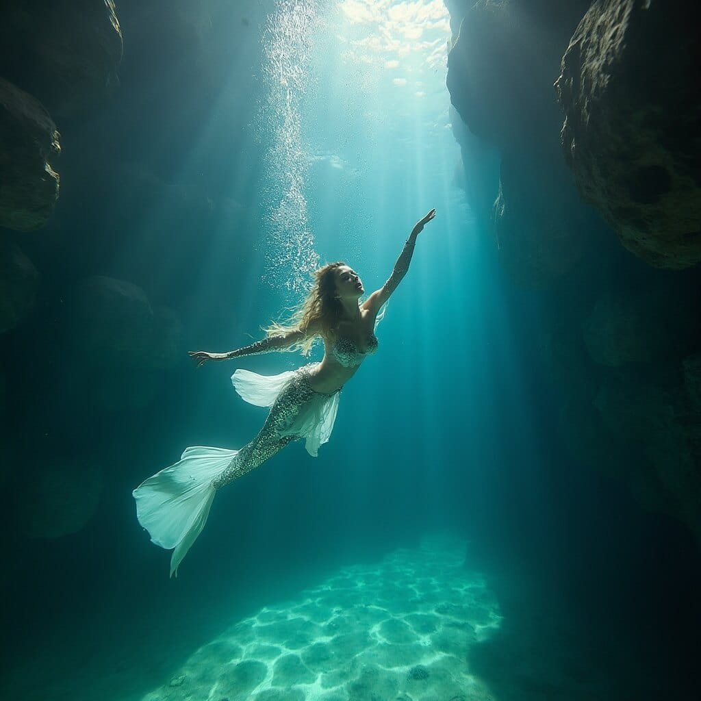 Professional mermaid performer executing ballet movements 16 feet below clear spring water surface, surrounded by natural limestone cave, in a submerged 400-seat auditorium under warm Florida sunlight.