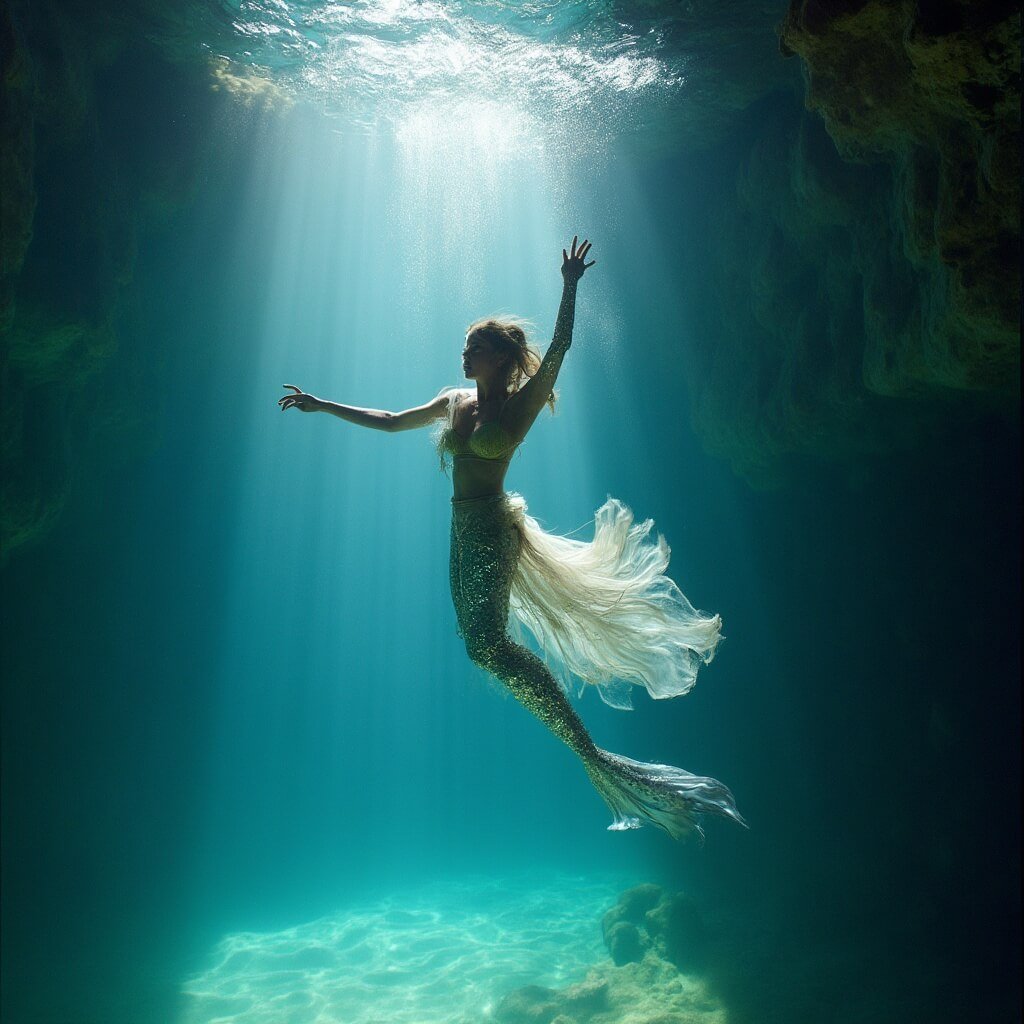 Mermaid performer executing ballet movements underwater, wearing sequined tail, in a gin-clear Florida spring with limestone cave walls and submerged auditorium in the backdrop