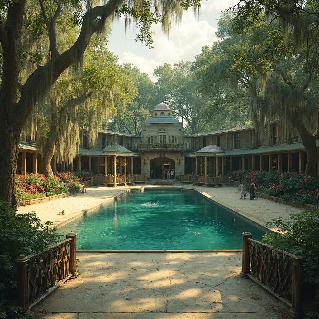 Historic Weeki Wachee Springs State Park during golden hour, featuring the vintage 1950s architecture, families walking towards the attraction, and lush natural surroundings.