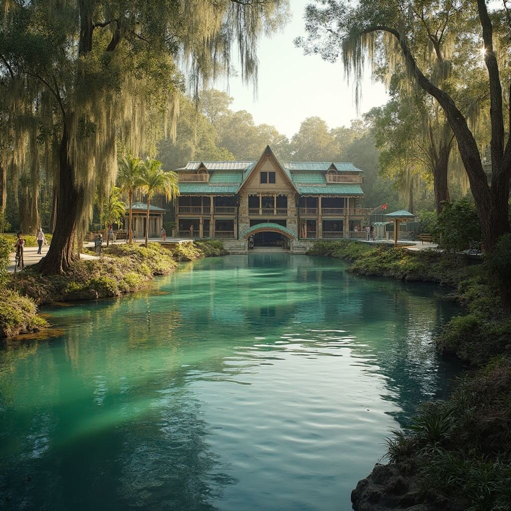 Vintage 1950s architecture of underwater theater entrance at Weeki Wachee Springs State Park, surrounded by lush vegetation and families walking along sandy pathways in golden hour lighting.