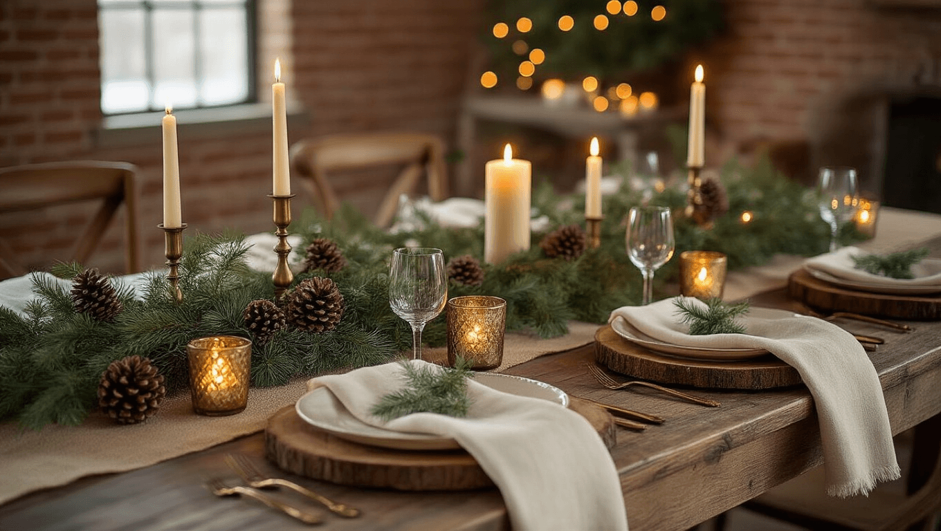 A cozy winter dining table setting featuring a weathered farmhouse wood table adorned with an eucalyptus garland centerpiece, scattered pinecones, flickering pillar candles in brass holders, cream linen napkins, rustic wood chargers, and mercury glass votives. The scene is enhanced by fairy lights woven through greenery, faux snow accents, and warm candlelight creating a golden glow against an exposed brick wall, evoking inviting rustic elegance.