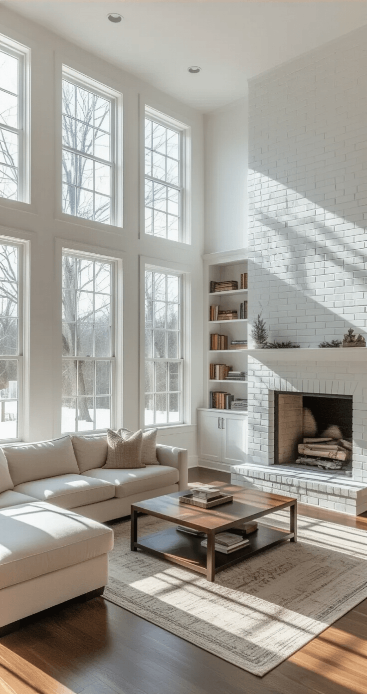 A spacious, empty living room in early January with high ceilings, featuring a white brick fireplace and large windows showing bare winter trees. Harsh sunlight casts sharp shadows on the hardwood floor, revealing an empty mantelpiece with dust outlines from removed decorations. The cool color palette of whites, grays, and natural wood creates a sterile, hollow atmosphere.