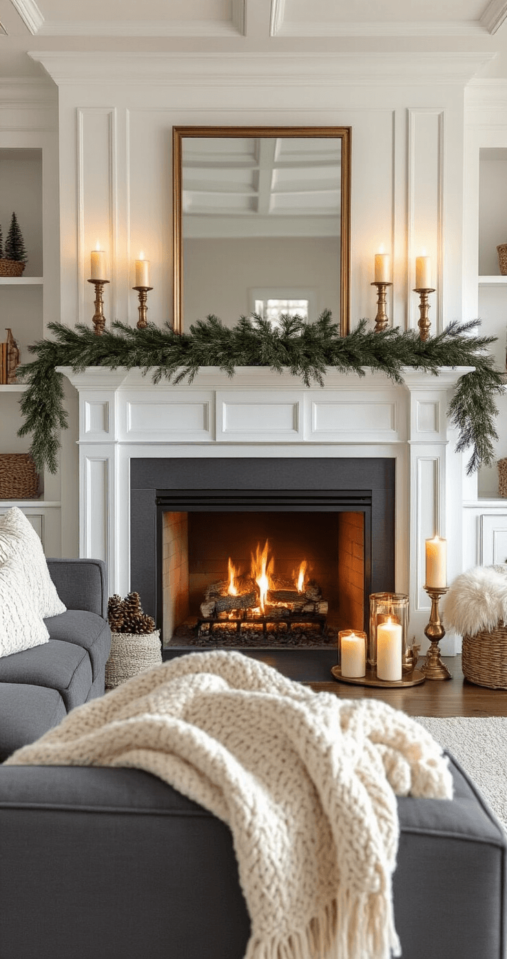 A cozy traditional living room featuring a beautifully styled white wood fireplace mantel adorned with brass candle holders, cream pillar candles, and fresh evergreen garland. The warm glow of the fireside and flickering candlelight reflects off a large mirror, while golden hour sunlight filters through sheer curtains. The space includes a charcoal gray sectional draped with cream throw blankets and built-in shelves decorated with evergreen sprigs and mercury glass votives, all set against a palette of warm creams, soft grays, and deep forest greens.