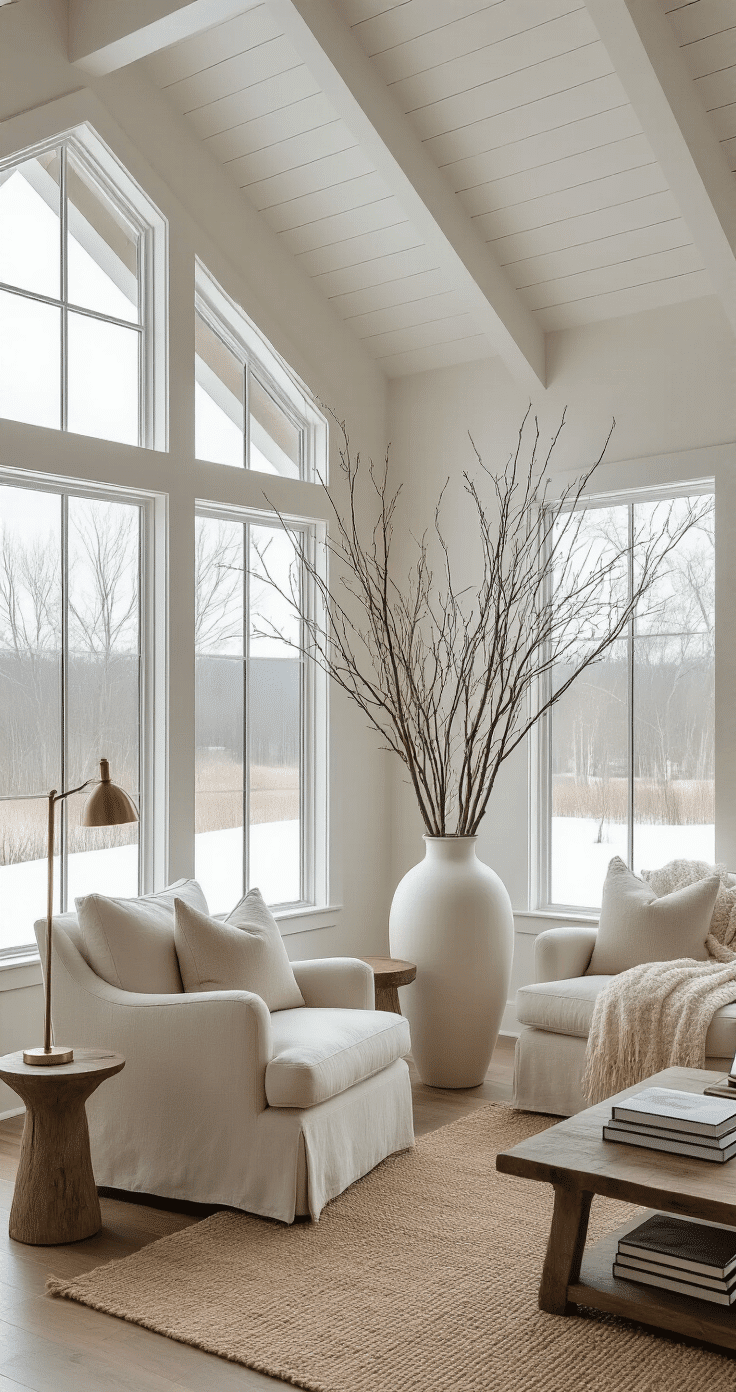 Sophisticated living room corner with dramatic bare branches in tall matte white vases, modern farmhouse decor featuring vaulted ceilings and large windows, illuminated by late afternoon winter light showcasing a snowy landscape, cozy reading nook with cream linen armchair, rustic wood side table, and jute area rug, all emphasizing natural whites, warm grays, and raw wood tones.