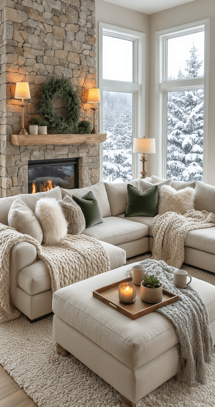 Intimate family room with cozy layered textiles, featuring a large oatmeal linen sectional, chunky cable-knit blanket, faux fur and velvet pillows, a stone fireplace, and a picture window overlooking snow-laden evergreens. Warm lamplight and a natural jute rug create a nest-like atmosphere for winter relaxation.