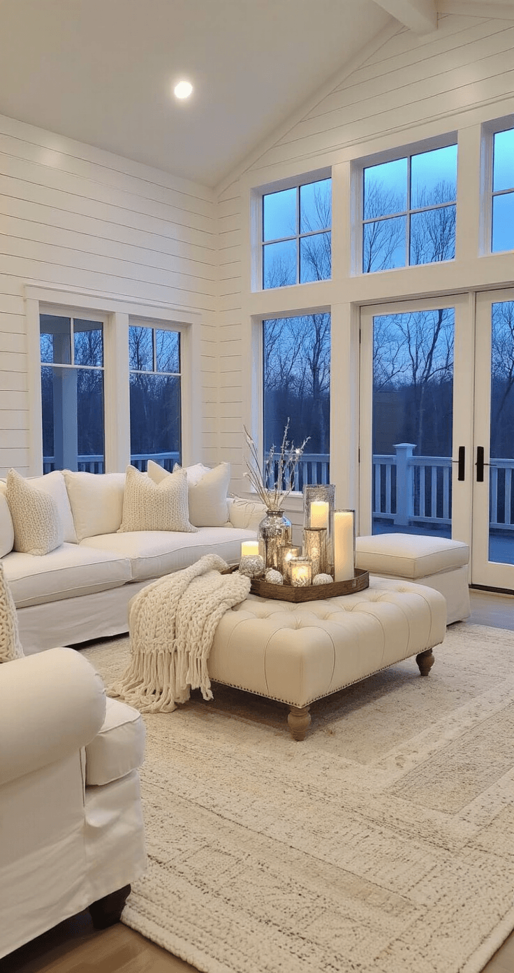 Elegant winter living space in neutral tones, featuring open concept design with high ceilings, white shiplap wall, and large windows. Soft twilight ambiance with warm artificial lighting highlights a white slipcovered sofa, cream leather ottoman, and distressed coffee table, adorned with delicate accessories and brass accents, creating a serene and cozy atmosphere.