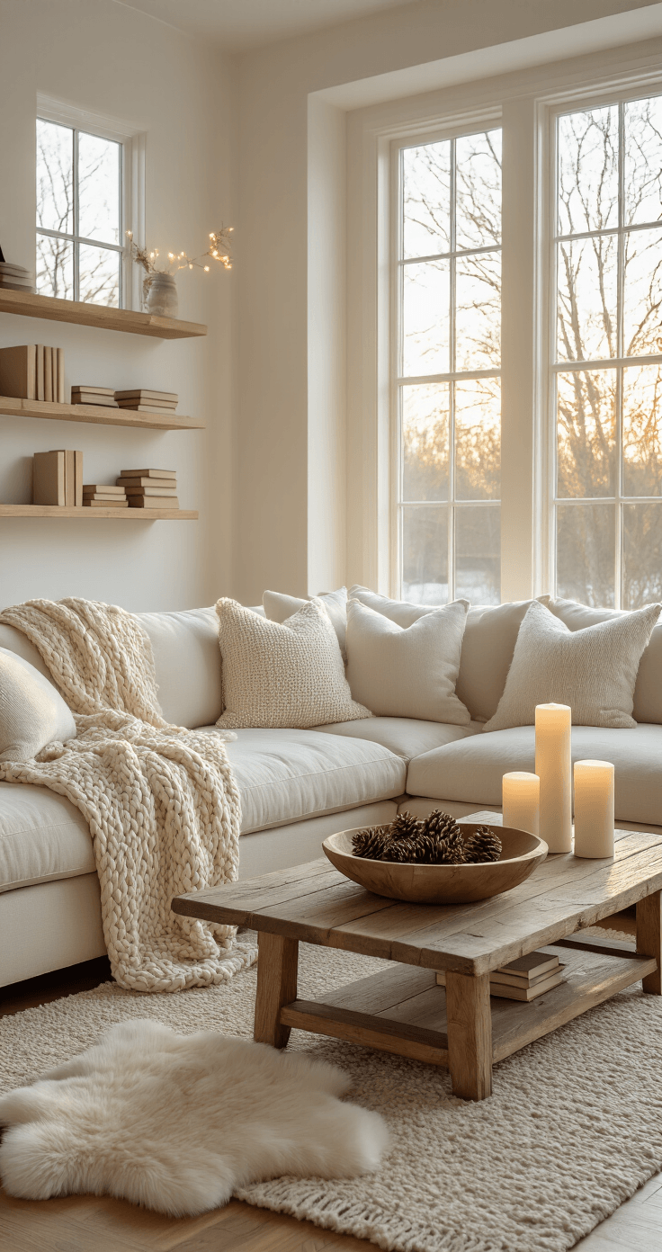 Photorealistic interior of a cozy medium-sized living room bathed in warm golden hour light, featuring a cream linen sectional sofa with an oatmeal chunky knit throw, textured pillows, a reclaimed wood coffee table with pine cones and candles, a faux sheepskin rug, and ambient lighting from floor lamps, all set against hardwood floors and large windows.