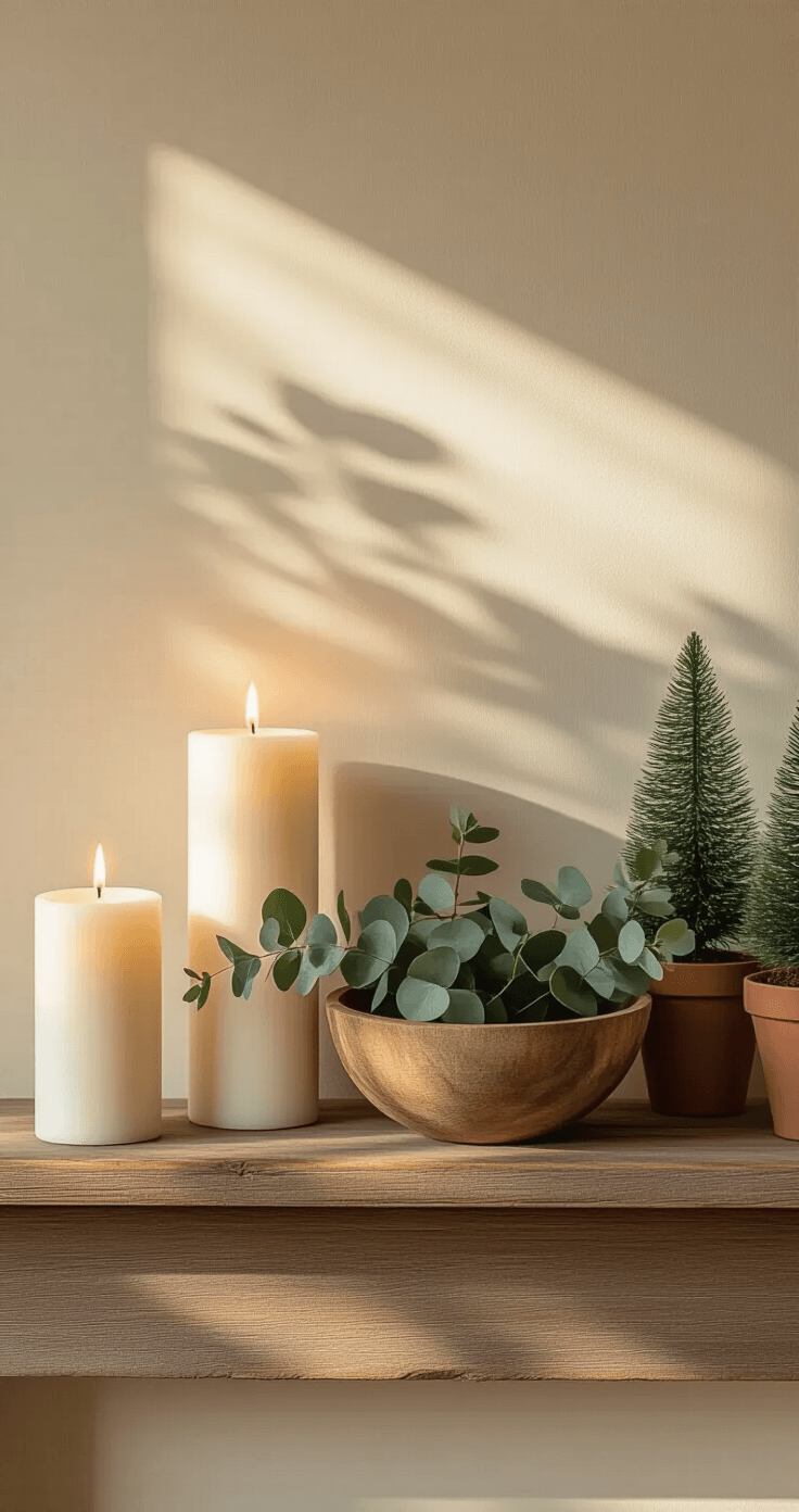 Photorealistic close-up of a rustic wooden mantelpiece at dusk, featuring three white pillar candles casting soft shadows, a vintage wooden dough bowl filled with fresh eucalyptus, and two small Norfolk pine trees in terracotta pots, all against a warm cream wall, creating a cozy hygge atmosphere.