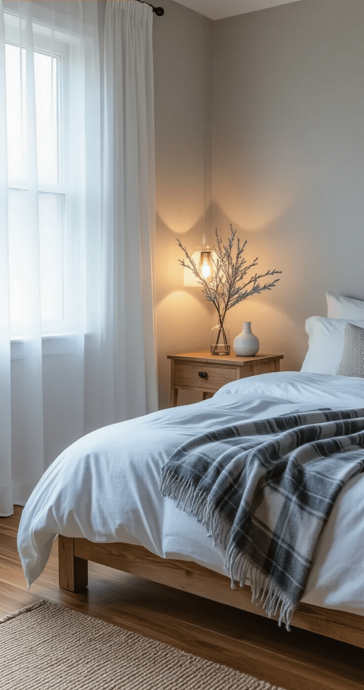 Photorealistic image of a cozy bedroom corner at twilight, featuring a platform bed with white linens and a grey plaid throw, a reclaimed wood nightstand with a glass vase and a warm lamp, honey oak hardwood floors, and a soft mushroom grey wall, all illuminated by natural twilight and lamp light in blue and gold tones.