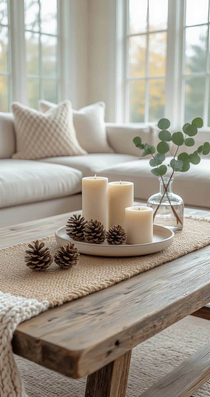 Photorealistic detail shot of a coffee table with a weathered wood surface, jute runner, ceramic tray, pillar candles, pine cones, eucalyptus vase, and a knit throw, illuminated by natural afternoon light near large windows.