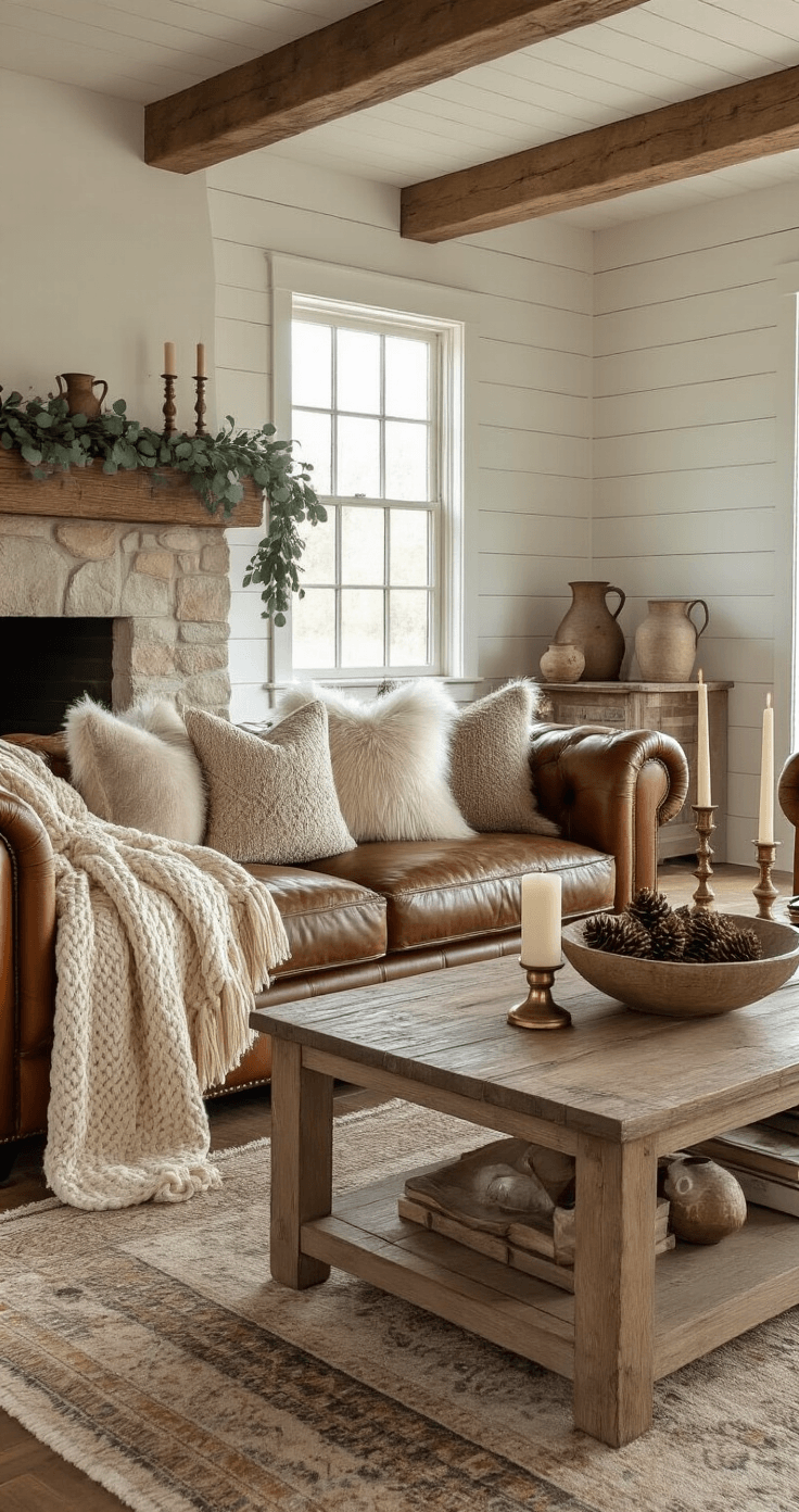 Winter Farmhouse Decor That'll Make You Actually Want to Stay Inside Photorealistic rustic farmhouse living room at golden hour, featuring a distressed leather sofa with a cream cable-knit throw, a reclaimed wood coffee table styled with brass candlesticks and natural pinecones, a stone fireplace with eucalyptus garland, and warm white shiplap walls, all illuminated by soft directional light.