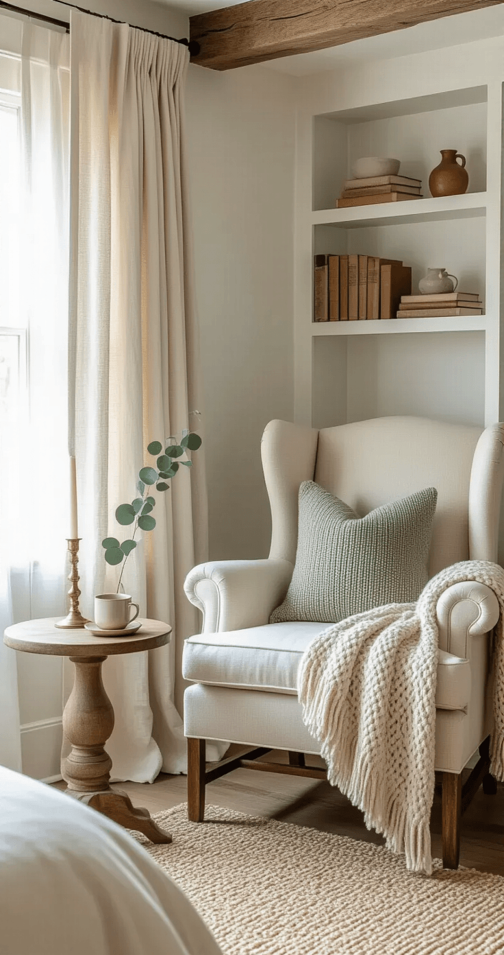 Winter Farmhouse Decor That'll Make You Actually Want to Stay Inside Photorealistic image of a cozy bedroom corner sanctuary featuring soft morning light through linen curtains, a vintage wingback chair with a chunky oatmeal throw and dusty sage pillow, a round wooden side table with a brass candlestick, steaming mug, and eucalyptus vase, set on weathered hardwood floors with a jute rug under a warm white beam ceiling and styled bookshelf, creating an intimate and inviting reading nook.