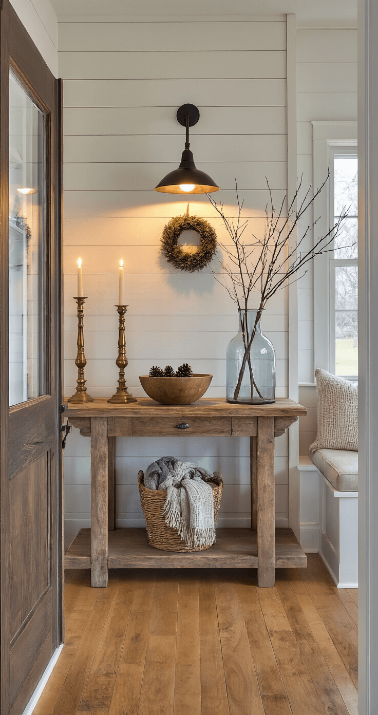 Winter Farmhouse Decor That'll Make You Actually Want to Stay Inside Photorealistic entryway of a farmhouse during blue hour, featuring warm interior lighting, reclaimed wood console table with vintage decor, woven basket with winter scarves, eucalyptus wreath on rustic door, and wide-plank honey oak floors, creating an inviting atmosphere.