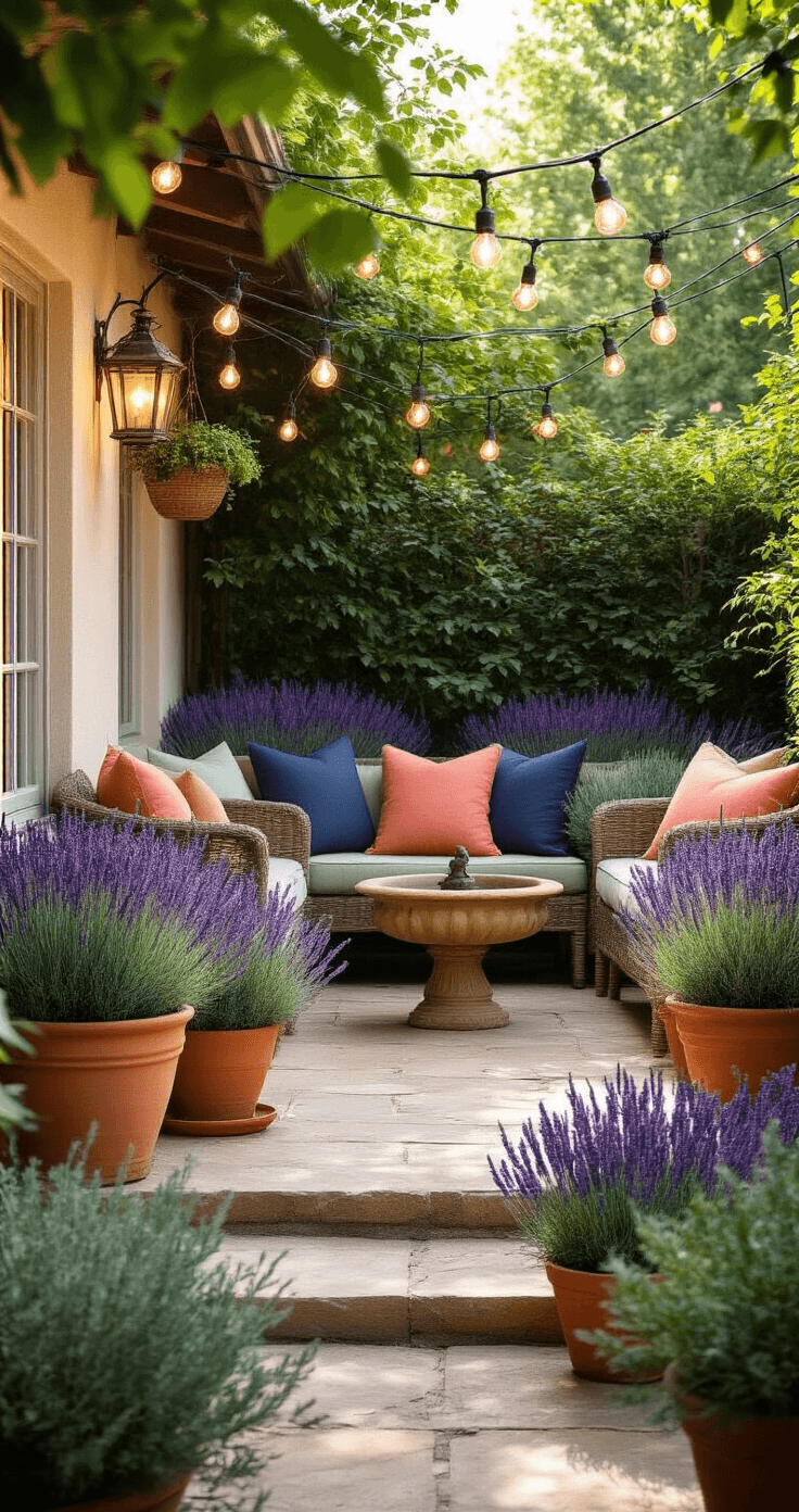 How I Finally Made My Outdoor Space Actually Usable This Spring (Without Breaking the Bank) A cozy cottage garden patio corner featuring clusters of realistic artificial lavender in weathered terracotta pots, adorned with soft morning light and zigzag string lights. Coral and navy cushioned seating accented with sage green and cream throw pillows surrounds a vintage ceramic bird bath, complemented by decorative wind chimes. Warm 2700K lighting casts a golden ambiance amidst a cohesive color palette of soft purples, terra cotta, coral, and navy.