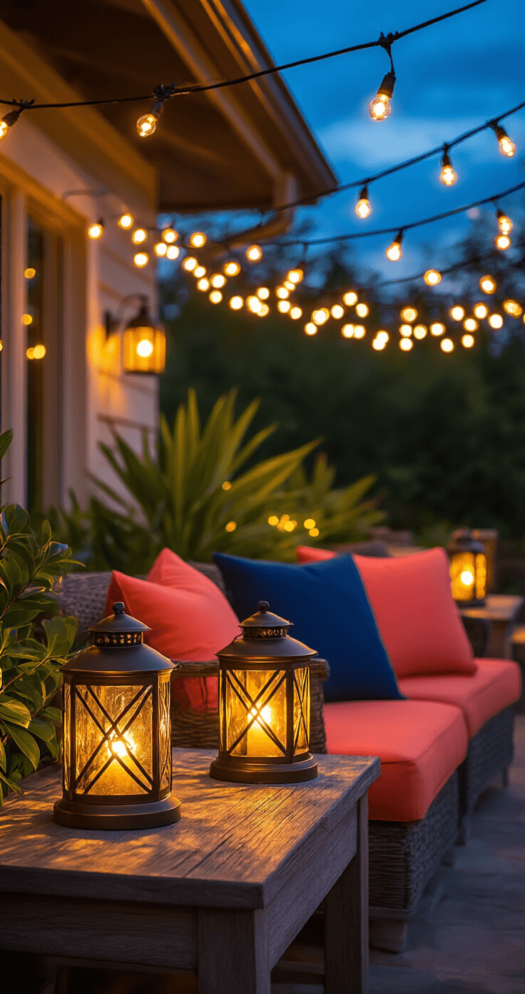 How I Finally Made My Outdoor Space Actually Usable This Spring (Without Breaking the Bank) Close-up of a cozy patio atmosphere with warm string lights overhead casting shadows, bronze solar lanterns glowing softly on a weathered wood table, and path lights among artificial plants. The scene transitions from golden to blue hour, highlighting coral and navy cushions near task lighting.