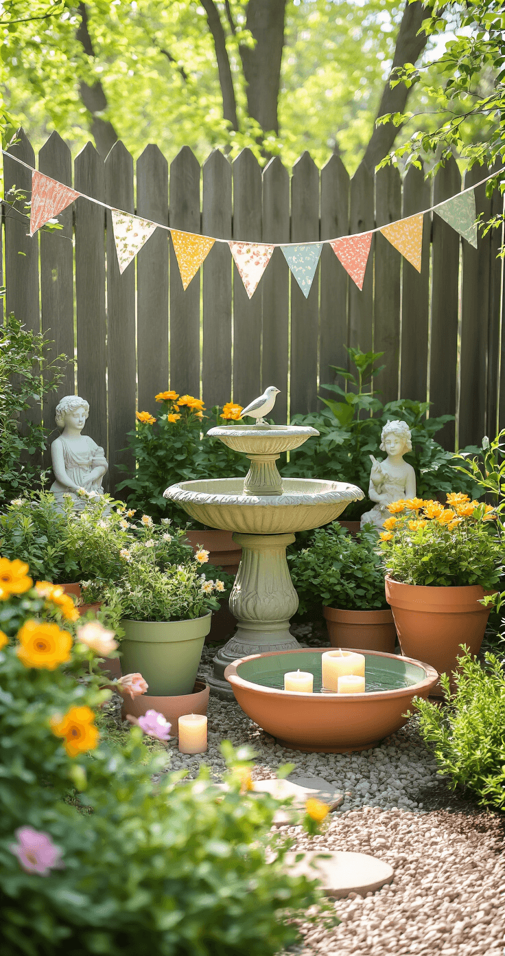 How I Finally Made My Outdoor Space Actually Usable This Spring (Without Breaking the Bank) Medium shot of a cottage garden vignette with a vintage-inspired bird bath centerpiece, surrounded by painted sage green terracotta pots, whimsical garden statues, and colorful bunting. Soft morning light casts gentle shadows, highlighting a large ceramic bowl with floating candles as a water feature, amidst a vibrant color palette of soft yellows, sage green, cream, and coral accents.