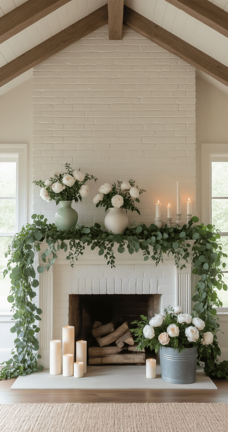Spring Fireplace Decor Ideas That'll Make Your Home Bloom Elegant cottage garden living room with a vaulted ceiling, featuring a white brick fireplace adorned with lush eucalyptus and fern garland, vintage ceramic vases with flowers, clustered white pillar candles, and a weathered galvanized bucket with ivy and pussy willow, all bathed in warm golden hour light.