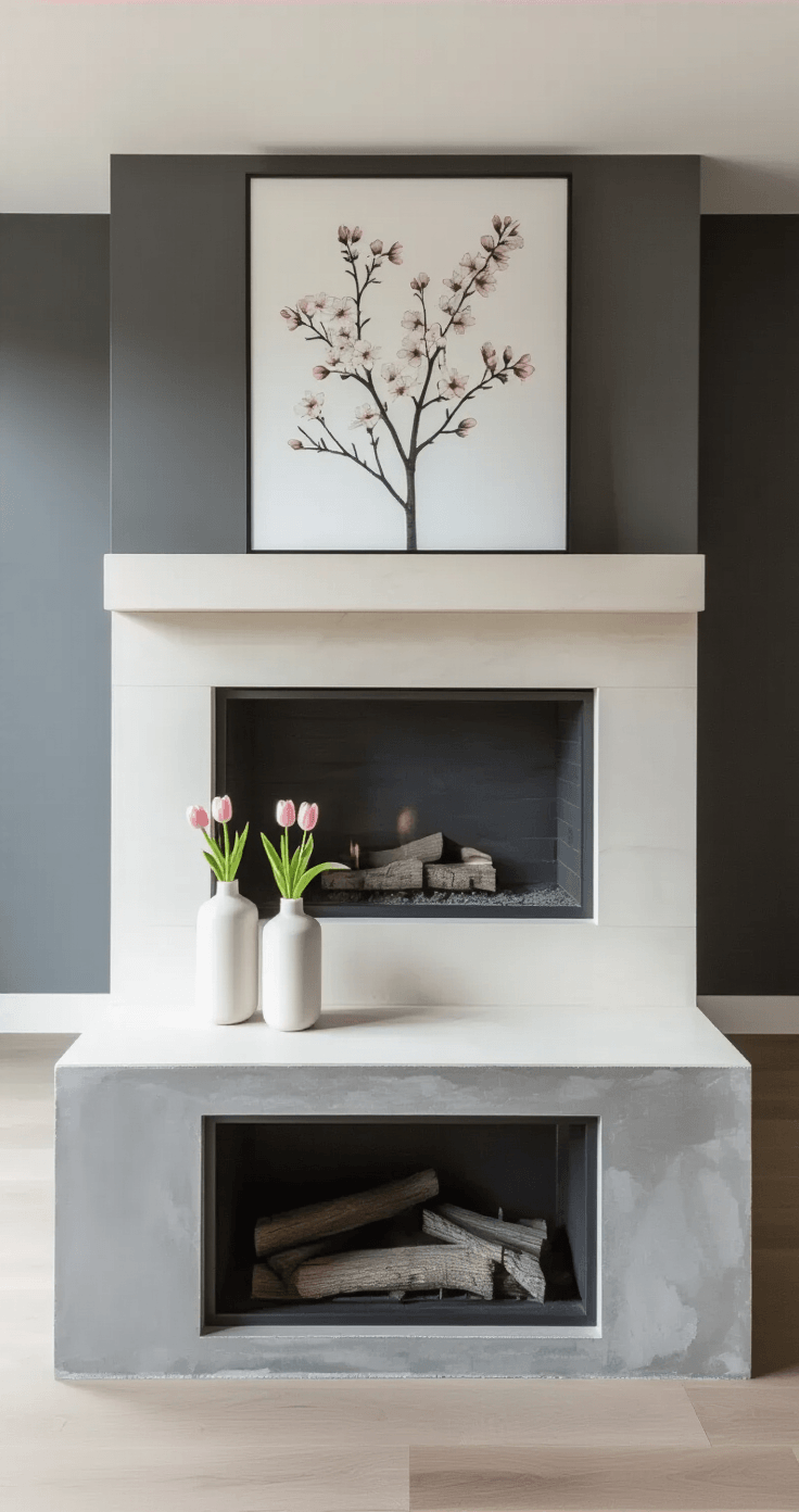 Spring Fireplace Decor Ideas That'll Make Your Home Bloom Minimalist modern living room featuring a white limestone fireplace with a floating mantel against a charcoal gray wall, adorned with a botanical print of cherry blossoms. Two symmetrical white ceramic vases with pale pink tulips sit on the mantel. A polished concrete hearth extends into the room, illuminated by soft morning light from large windows, creating a serene and sophisticated atmosphere.