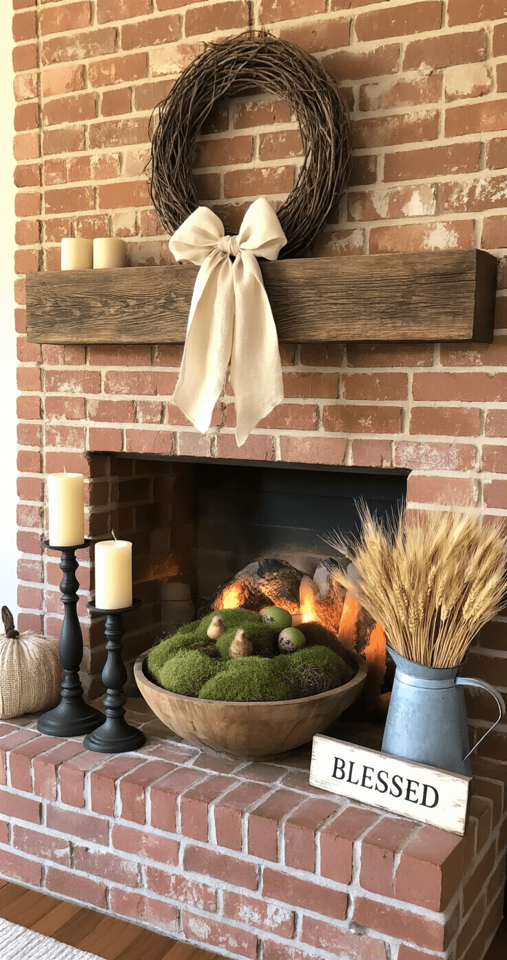 Spring Fireplace Decor Ideas That'll Make Your Home Bloom Cozy farmhouse fireplace corner with red brick surround, reclaimed wood mantel, grapevine wreath, wooden dough bowl of faux eggs, wrought iron candlesticks with candles, 'blessed' sign, galvanized pitcher with wheat, and jute basket with a blanket, all captured in warm evening light.