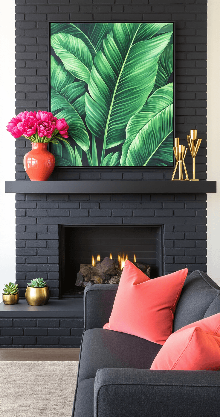 Spring Fireplace Decor Ideas That'll Make Your Home Bloom Bold contemporary fireplace with dark charcoal brick, sleek black mantel, and vibrant oversized palm frond print above. Coral ceramic vase with hot pink peonies and purple tulips, brass geometric candlesticks, and a small succulent in a gold planter. Bright coral throw pillow on charcoal sectional sofa. Dramatic afternoon lighting enhances color saturation and shadows.
