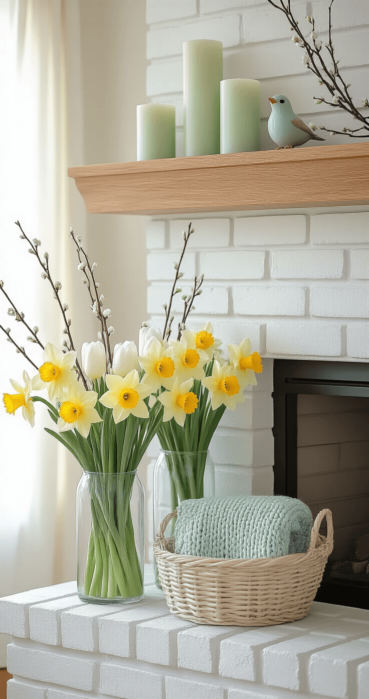 Spring Fireplace Decor Ideas That'll Make Your Home Bloom A softly lit spring fireplace scene with a white painted brick surround, honey oak mantel, and a pastel floral arrangement of daffodils and tulips in glass vases. Delicate pussy willow branches and green pillar candles add accents, while a robin's egg blue bird figurine sits among the flowers. A cream woven basket holds a mint green throw on the hearth, with natural light filtering through sheer curtains.