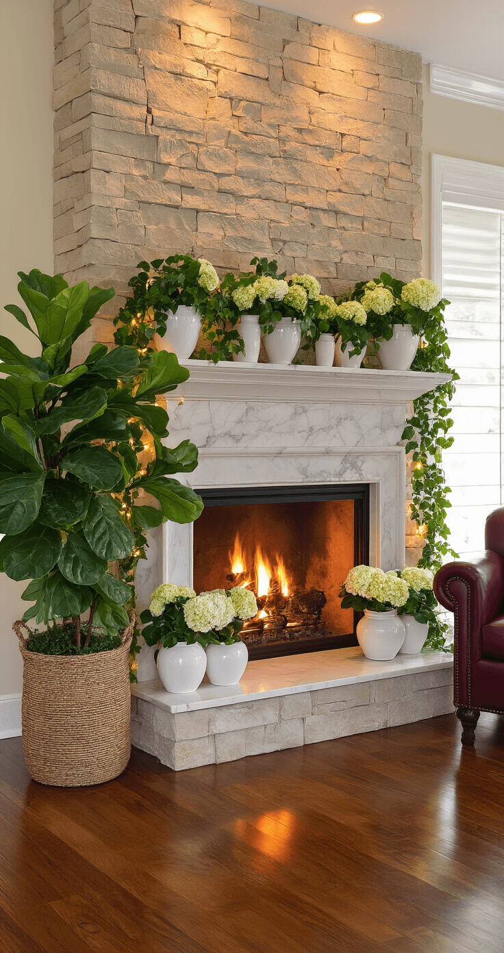 Spring Fireplace Decor Ideas That'll Make Your Home Bloom Luxurious spring fireplace hearth with natural stone, large fiddle leaf fig in a woven basket, cascading English ivy, white ceramic vessels with fresh flowers, string lights for ambiance, and a rich burgundy leather armchair, all bathed in warm sunset lighting.