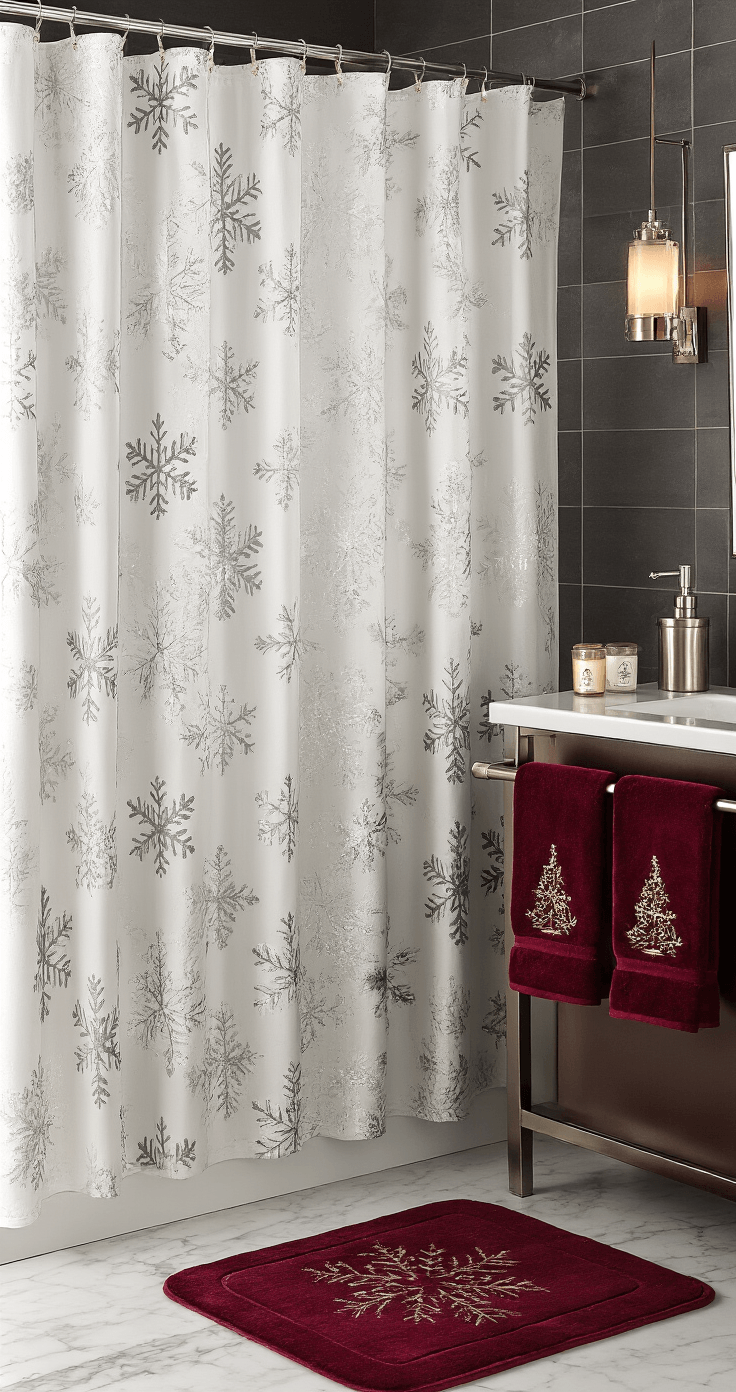 How to Transform Your Bathroom Into a Christmas Wonderland (Without Looking Like Santa's Workshop Exploded) A stylish mid-sized guest bathroom featuring a luxurious Christmas shower curtain with silver and white snowflake patterns, charcoal gray tiles, deep red velvet towels, a plush burgundy bath rug, and a vanity counter adorned with a metallic silver soap dispenser set and scented candles, all illuminated by warm afternoon light.