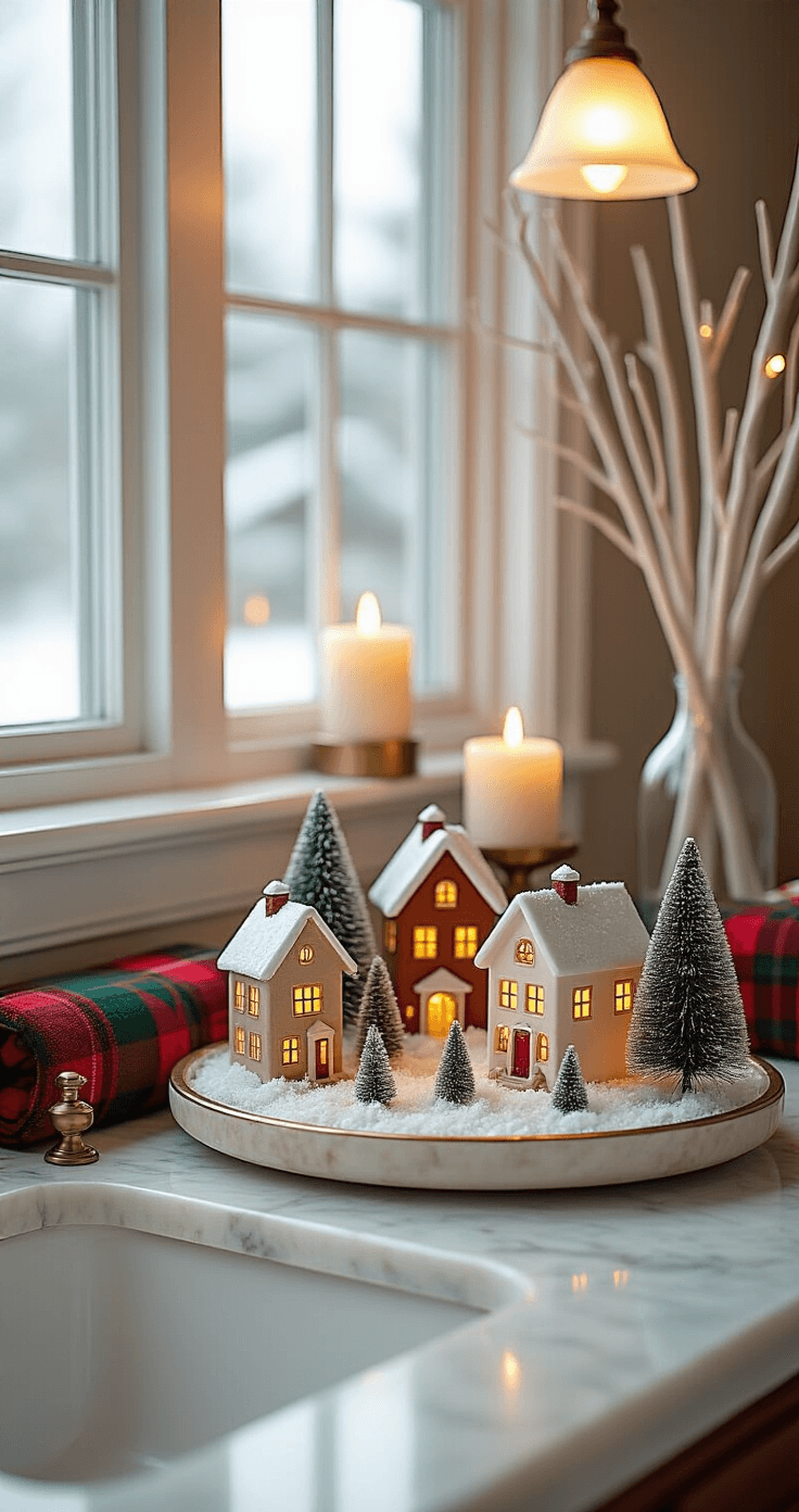 How to Transform Your Bathroom Into a Christmas Wonderland (Without Looking Like Santa's Workshop Exploded) A cozy bathroom with a marble vanity tray displaying a miniature Christmas village, featuring lit ceramic houses amid artificial snow and bottle brush trees, complemented by pine-scented candles on brass stands and warm LED birch branches, accented with red and green plaid towels against white subway tile walls.