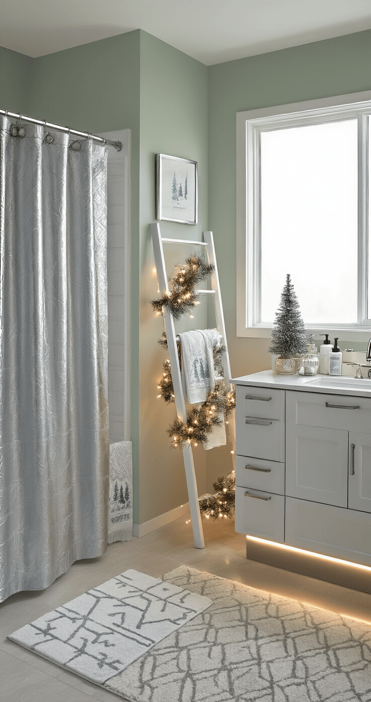 How to Transform Your Bathroom Into a Christmas Wonderland (Without Looking Like Santa's Workshop Exploded) A wide-angle view of a modern bathroom decorated for Christmas in silver, white, and ice blue tones, featuring a metallic silver shower curtain, a matching geometric bath rug, illuminated garland on a towel ladder, small framed prints on sage green walls, a floating vanity with elegant soap dispensers and a mini tree, and warm lighting enhancing the spa-like ambiance.