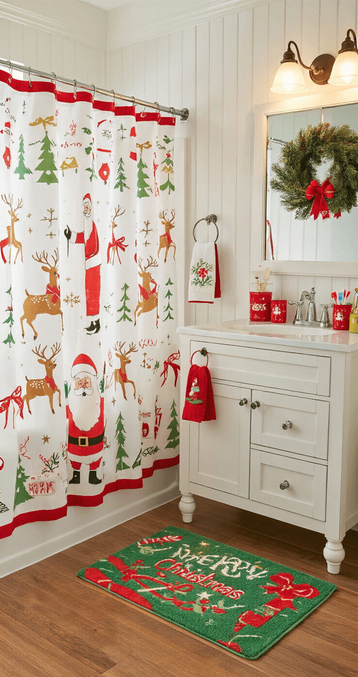 How to Transform Your Bathroom Into a Christmas Wonderland (Without Looking Like Santa's Workshop Exploded) A cozy family bathroom decorated for Christmas, featuring a Santa and reindeer print shower curtain, festive bath rug, Christmas-themed accessories on the vanity, and a small wreath on the mirror, all illuminated by warm morning light and vintage-style fixtures.