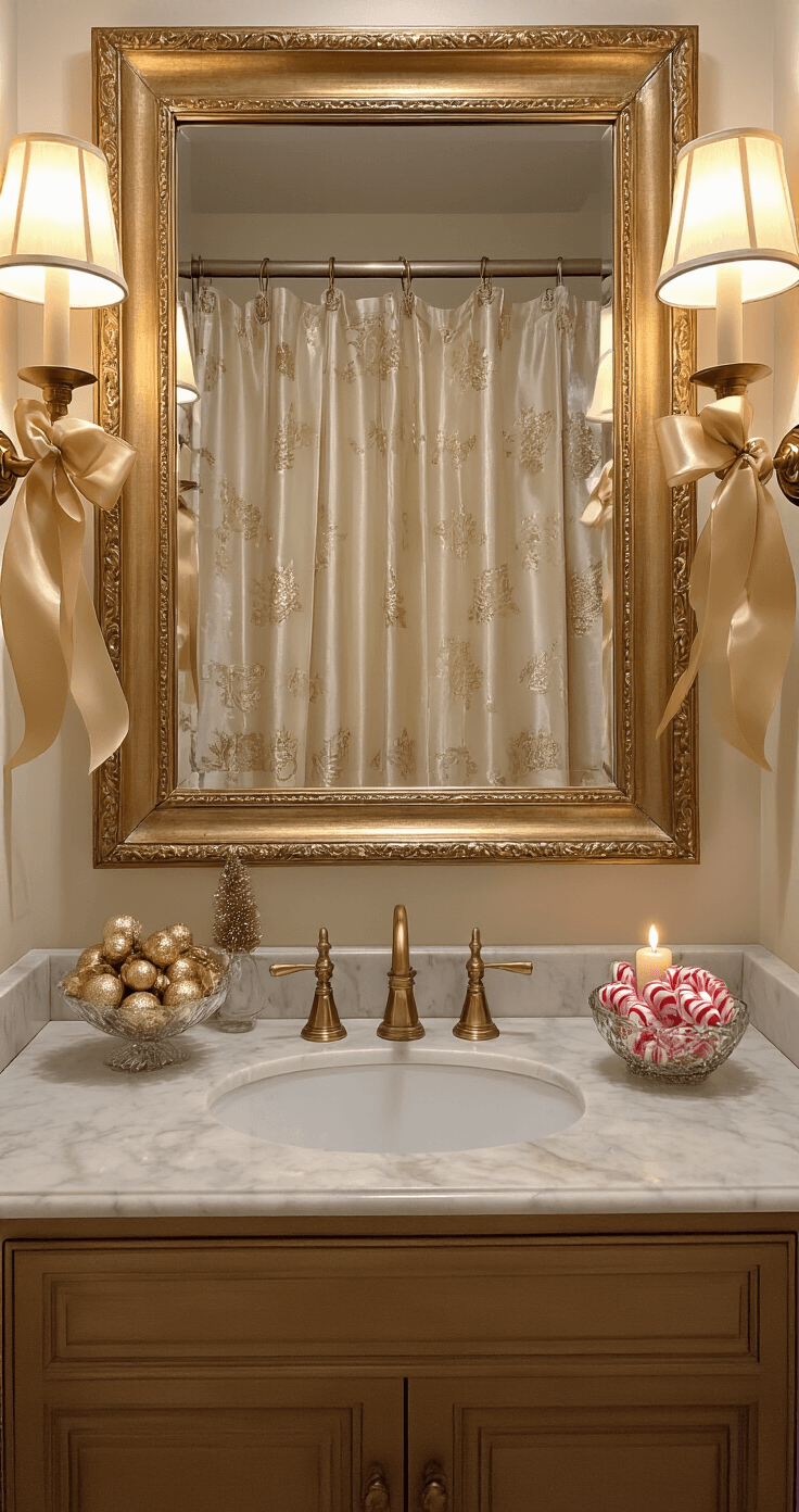How to Transform Your Bathroom Into a Christmas Wonderland (Without Looking Like Santa's Workshop Exploded) An elegant powder room adorned with gold and cream Christmas décor, featuring a satin ribbon-wrapped mirror and sconces, a luxurious champagne shower curtain, brass candle holders with cinnamon stick candles, and a crystal bowl of gold ornaments, all illuminated by warm ambient lighting.