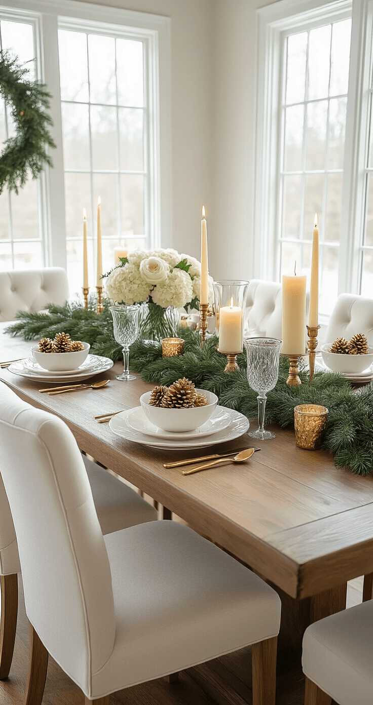Christmas Table Decor Ideas That'll Make Your Guests Actually Want to Stay Photorealistic dining room scene featuring a woodland Christmas table setting with a rectangular table, white upholstered chairs, evergreen garland, gold-dusted pine cones, flickering candles, and floral arrangements, all illuminated by warm golden candlelight and soft winter light.