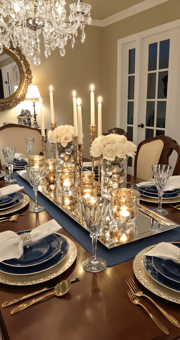 Christmas Table Decor Ideas That'll Make Your Guests Actually Want to Stay Photorealistic elegant dining room with a mahogany table set for eight, featuring mixed metallic Christmas decor, a mirrored centerpiece with glass hurricane holders, platinum cocktail glasses with white roses, silver charger plates, cobalt blue dinner plates, gold-rimmed crystal stemware, brass candlesticks with ivory tapers, and soft evening lighting from a chandelier, all creating a luxurious atmosphere filled with rich jewel tones and sparkling details.