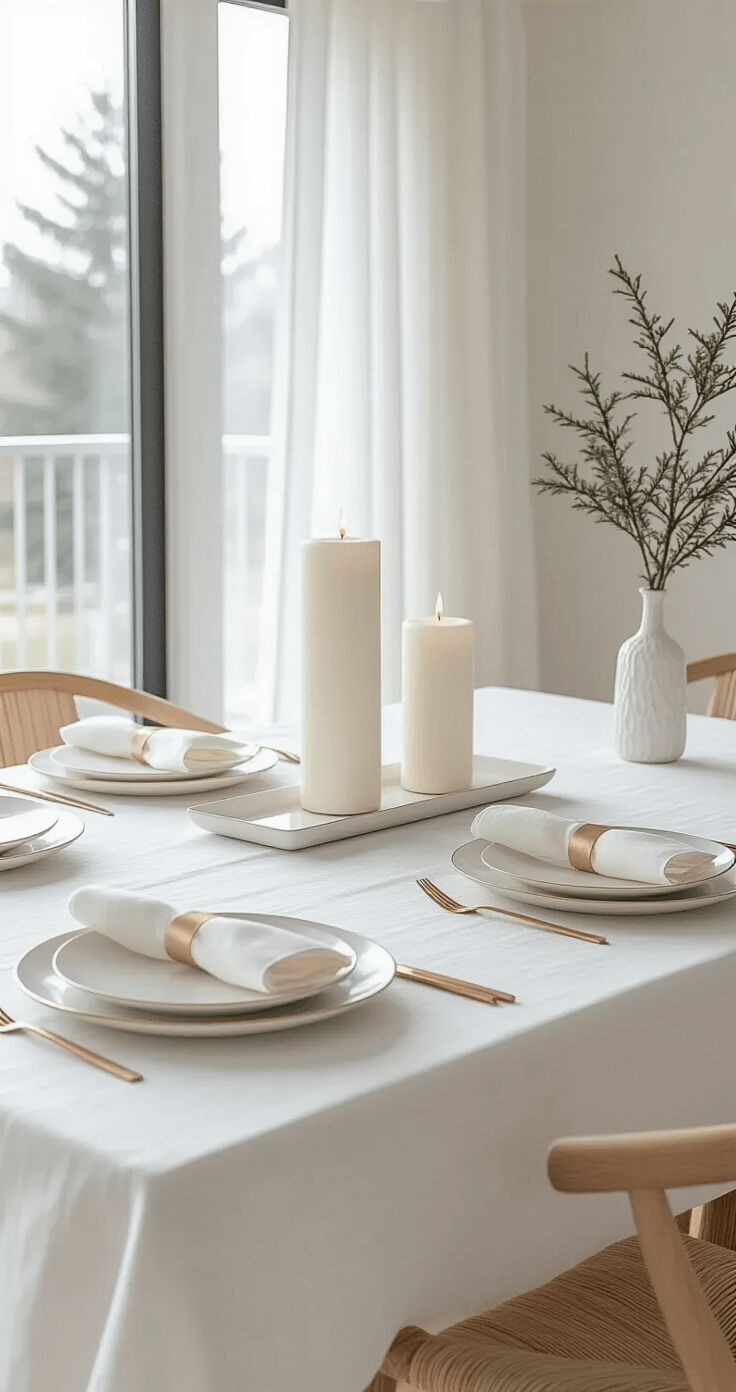 Christmas Table Decor Ideas That'll Make Your Guests Actually Want to Stay A modern minimalist Christmas dining scene featuring a clean-lined white oak table draped with a crisp white linen tablecloth, adorned with three graduated white pillar candles on a sleek ceramic tray, white porcelain place settings with gold-rimmed chargers, and cream linen napkins secured with gold ribbon, all illuminated by natural daylight filtering through sheer white curtains in a serene, monochromatic palette.