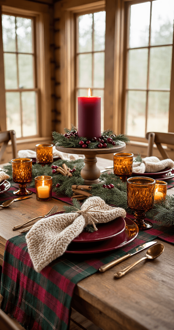 Christmas Table Decor Ideas That'll Make Your Guests Actually Want to Stay A cozy Christmas table setting in a rustic cabin, featuring a pine dining table with a plaid table runner, warm red ceramic dinnerware, amber glass tumblers, chunky knit napkins tied with twine, and a centerpiece of a large burgundy candle surrounded by fresh cranberries, orange slices, and cinnamon sticks, all illuminated by golden hour lighting and flickering candle flames.