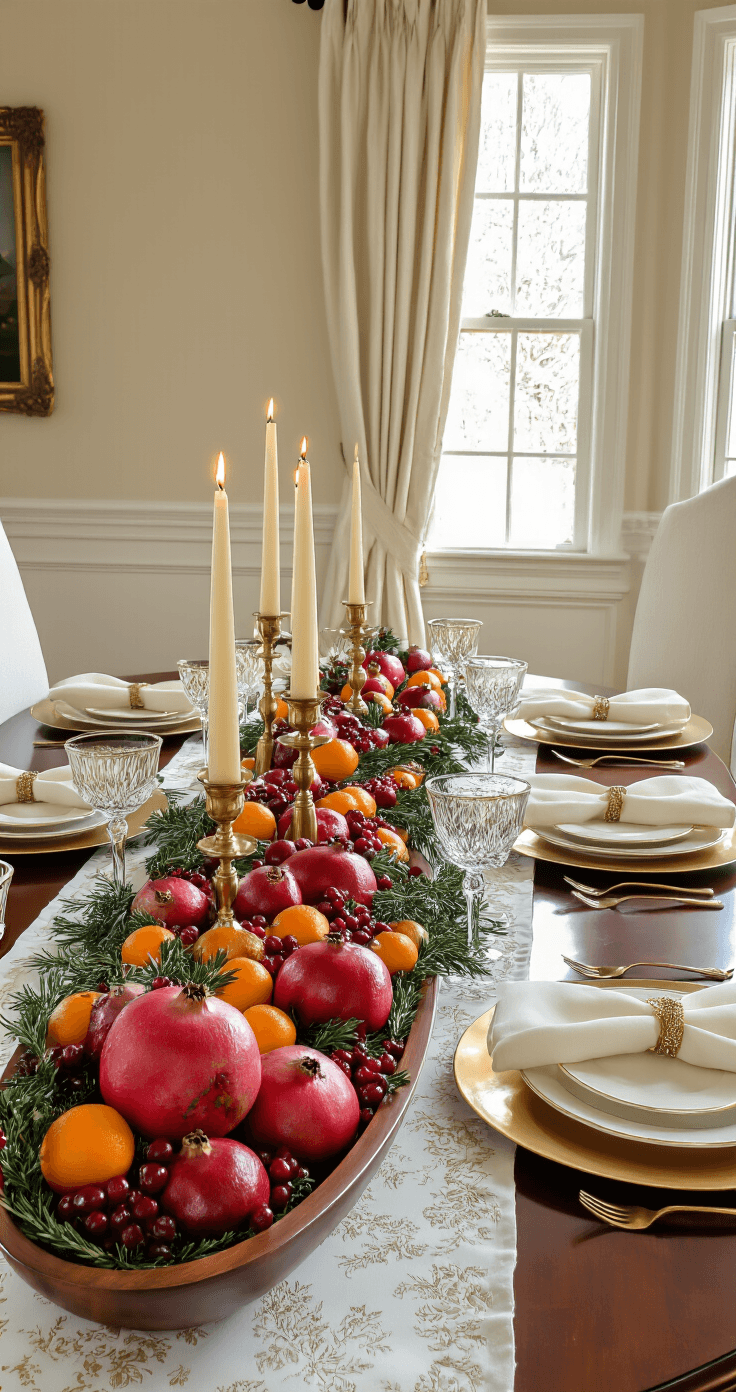Christmas Table Decor Ideas That'll Make Your Guests Actually Want to Stay Photorealistic dining room featuring an elegant oval mahogany table set with a white damask tablecloth and gold charger plates, adorned with a bounty of pomegranates, oranges, cranberries, and rosemary in a long wooden dough bowl, complemented by varying heights of brass candlesticks with cream taper candles, gold-rimmed crystal wine glasses, and ivory linen napkins, all under warm afternoon light filtering through tall windows with cream drapes, creating a rich burgundy, deep gold, and forest green color palette for a luxurious yet inviting holiday atmosphere.