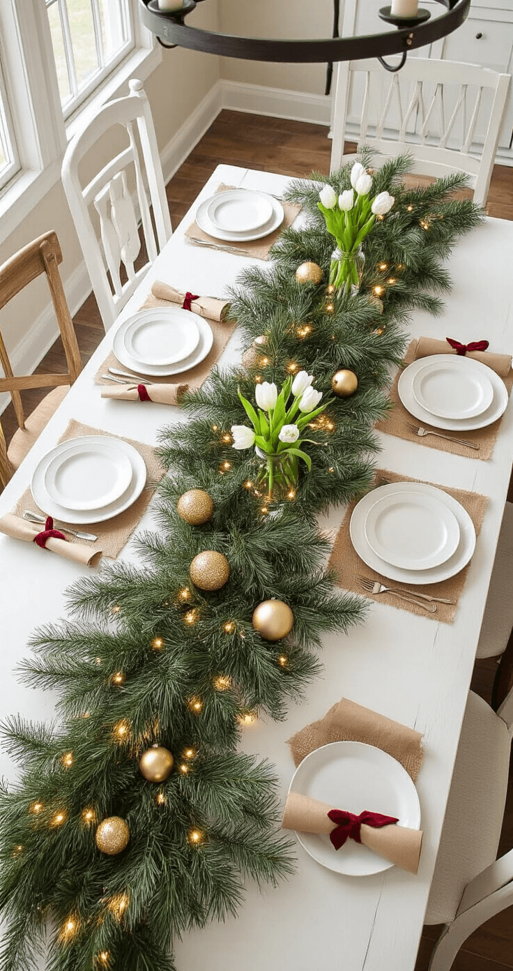 Christmas Table Decor Ideas That'll Make Your Guests Actually Want to Stay A photorealistic Christmas dining table set with fresh greenery as a runner, surrounded by mismatched vintage chairs, featuring white dinner plates on burlap placemats, Mason jars with white tulips, and rolled kraft paper napkins tied with red velvet ribbon, all illuminated by warm string lights and pillar candles for a cozy, rustic holiday setting.