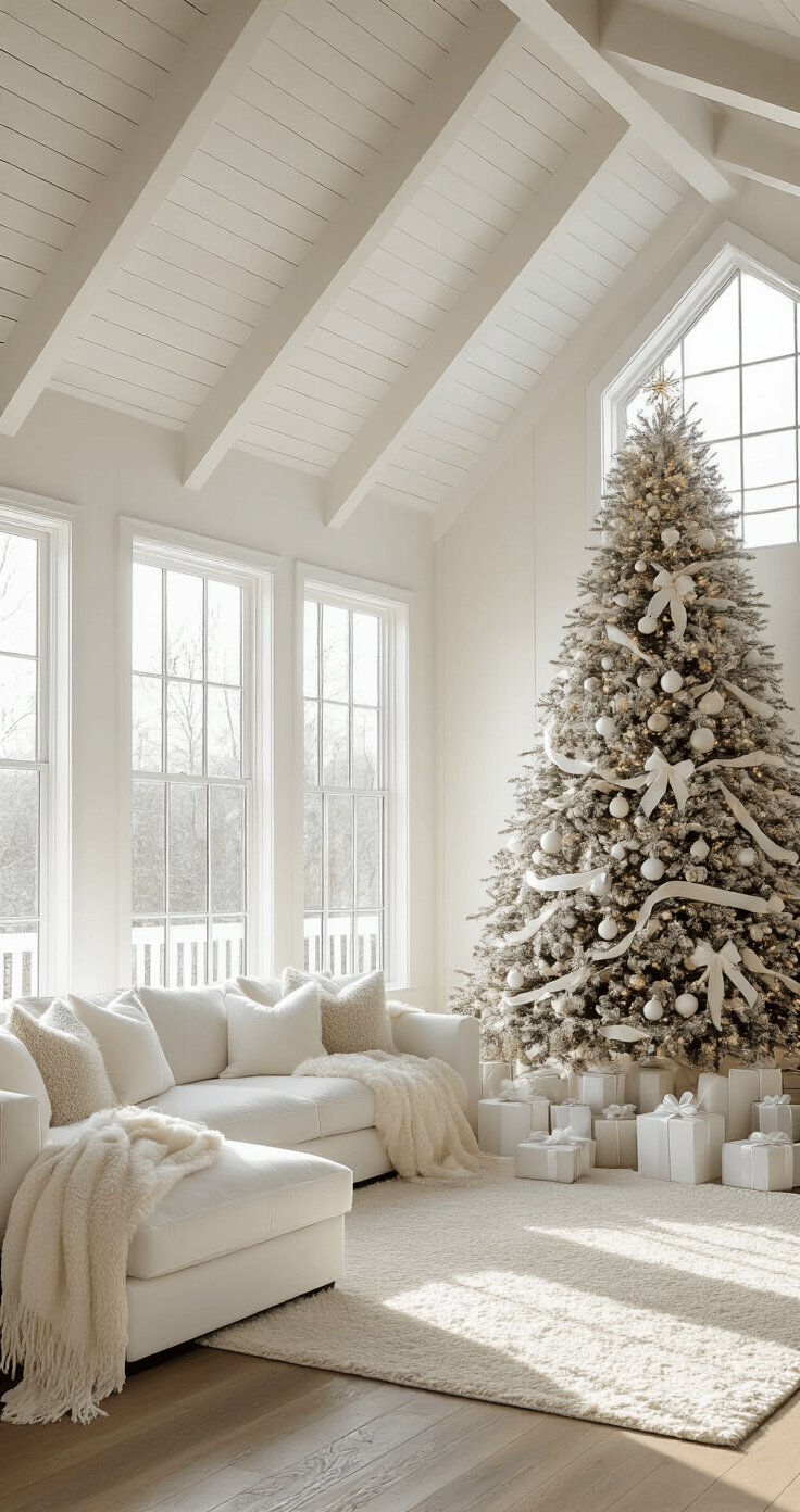 Why Your Christmas Party Deserves Better Than Last Year's Tired Tinsel A photorealistic wide-angle shot of an elegant white Christmas living room with a vaulted ceiling, featuring a decorated Fraser fir tree, a white sectional sofa with sheepskin throws, and warm golden hour sunlight illuminating cream-colored decor.