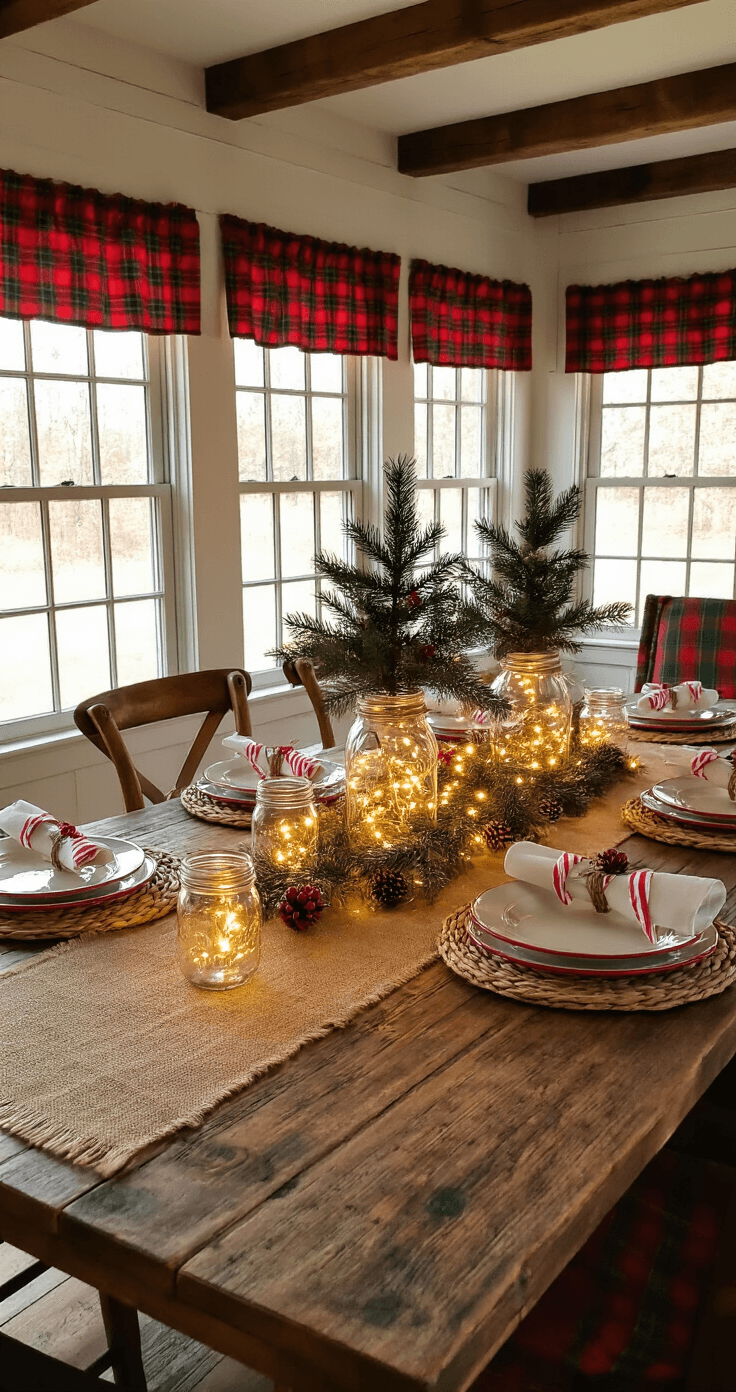 Why Your Christmas Party Deserves Better Than Last Year's Tired Tinsel A warm and inviting rustic country Christmas dining room featuring a reclaimed barn wood table with burlap runner, enamelware place settings, mason jar centerpieces, and a grapevine wreath chandelier, all bathed in golden afternoon light.