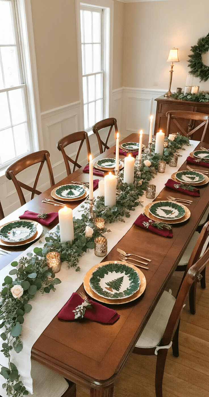 Why Your Christmas Party Deserves Better Than Last Year's Tired Tinsel An overhead view of an elegant Christmas dining table set for eight, featuring a white linen runner, deep green tree-shaped plates on gold chargers, burgundy napkins with silver holly rings, and a lush eucalyptus and white rose garland, highlighted by flickering candlelight and gold ornaments.