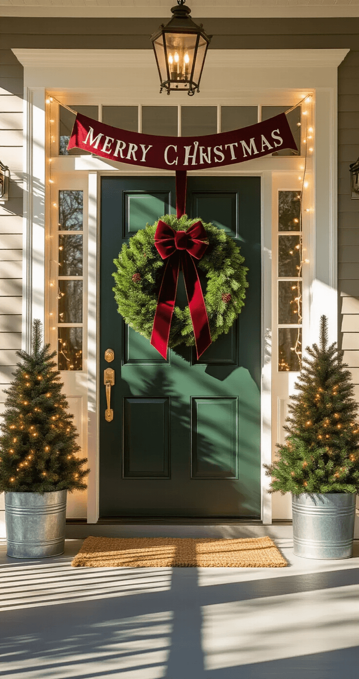 Why Your Christmas Party Deserves Better Than Last Year's Tired Tinsel A grand front door decorated for Christmas, featuring a large wreath, potted Christmas trees with lights, a hand-painted banner, rocking chairs with plaid cushions, and garland framing the doorway, all illuminated by morning sunlight.
