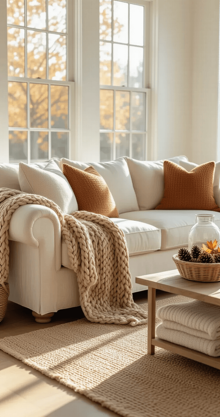 Simple Fall Decor Ideas That Actually Work (No Fuss Required) A cozy living room scene featuring a cream linen sofa with a camel-colored knit throw, basking in warm mid-afternoon light. A wicker basket filled with neutral throws sits nearby, with honey oak hardwood floors and a jute area rug enhancing the inviting atmosphere. The coffee table displays a glass hurricane vase filled with pinecones and autumn leaves.