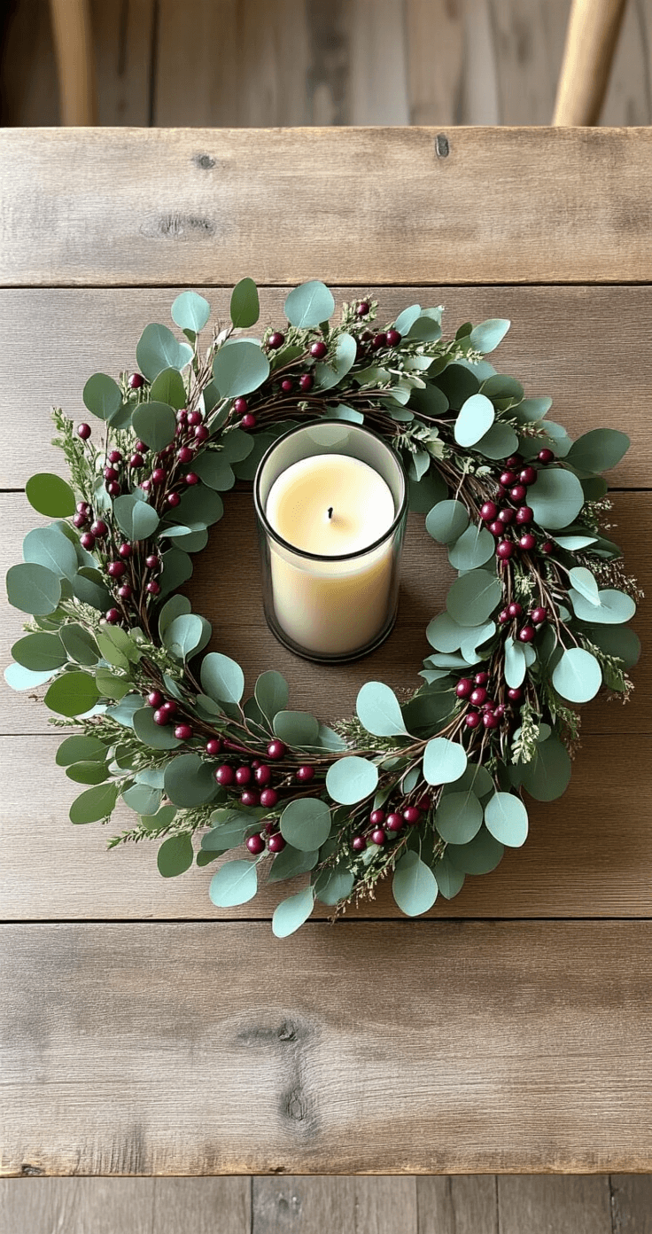Simple Fall Decor Ideas That Actually Work (No Fuss Required) Flat lay of a rustic dining table with a fall wreath of muted eucalyptus and berry branches, featuring a centered ivory pillar candle in a glass holder, illuminated by natural morning light.