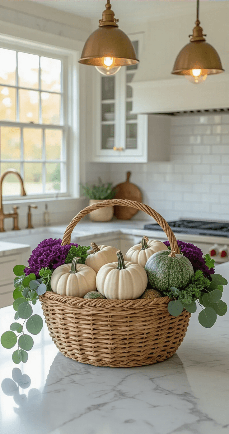 Simple Fall Decor Ideas That Actually Work (No Fuss Required) A cozy kitchen vignette at eye level features a woven market basket overflowing with white heirloom pumpkins, pale green gourds, and purple kale, resting on honed Carrara marble countertops. The ambiance is enhanced by warm pendant lights and brass fixtures, with natural eucalyptus sprigs cascading over the basket. Subtle rim lighting from a nearby window adds depth to the intimate setting.