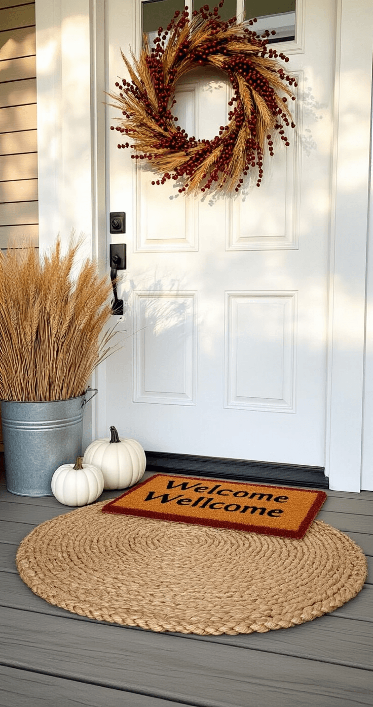 Simple Fall Decor Ideas That Actually Work (No Fuss Required) Layered doormat styling at a front entryway featuring a large natural jute rug and a smaller autumn-themed welcome mat in muted rust tones, complemented by a white front door adorned with a sophisticated fall wreath of dried wheat and burgundy berries. Three white ceramic pumpkins and a galvanized metal bucket add charm, with late afternoon lighting casting dramatic shadows across the wooden porch.