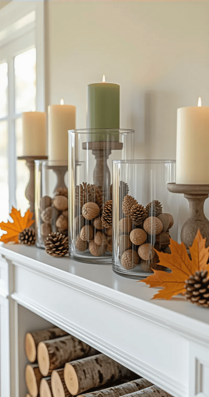 Simple Fall Decor Ideas That Actually Work (No Fuss Required) A sophisticated living room mantle arranged with three glass hurricane vases of varying heights filled with acorns, pinecones, and preserved autumn leaves, complemented by clustered pillar candles in ivory and sage green, all set against a cream wall and warm oak floors, illuminated by golden hour light.