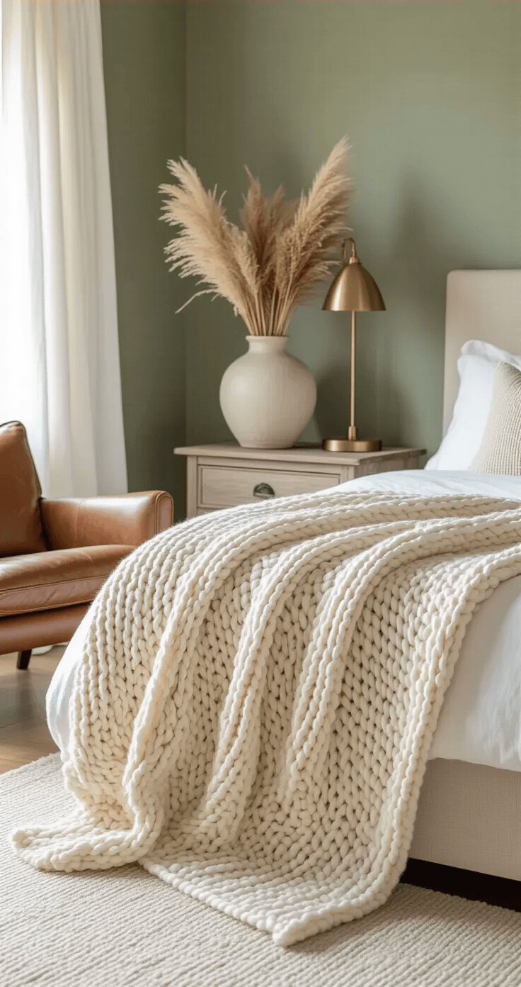 Simple Fall Decor Ideas That Actually Work (No Fuss Required) Cozy bedroom corner featuring a cream knit throw blanket on a linen bed, a ceramic vase with pampas grass on a weathered nightstand, soft morning light filtering through white curtains, a sage green accent wall, and a vintage leather chair in a serene atmosphere.