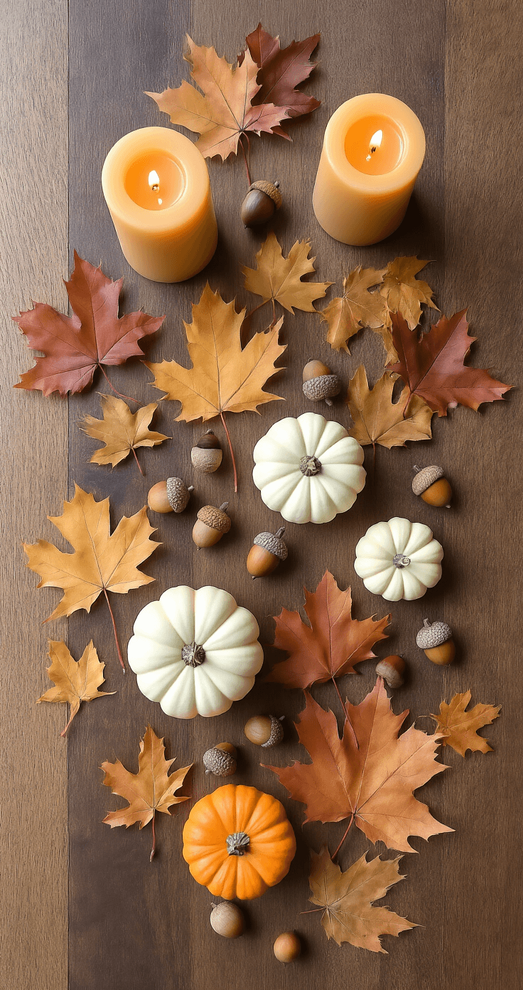 Simple Fall Decor Ideas That Actually Work (No Fuss Required) A flat lay of a dining table featuring collected autumn elements like preserved maple leaves, small white pumpkins, and acorns, arranged on a dark walnut surface. Three honey-toned pillar candles are placed among the natural decor, illuminated by overhead pendant lights, creating a warm, intimate atmosphere.