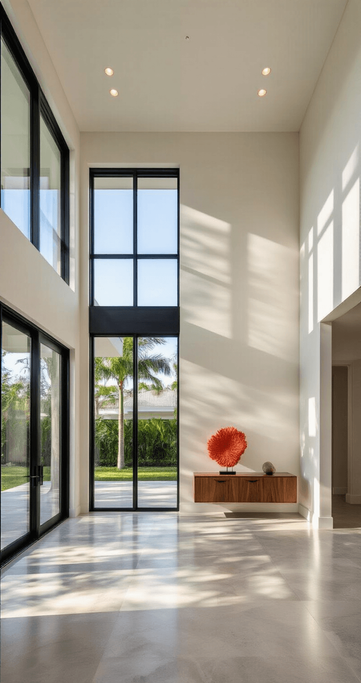 A modern Florida home entrance hall featuring a 12-foot high foyer with floor-to-ceiling sliding glass doors, white stucco walls, and polished concrete floors, illuminated by warm afternoon sunlight, showcasing minimalist decor with a walnut console table and coral sculpture.