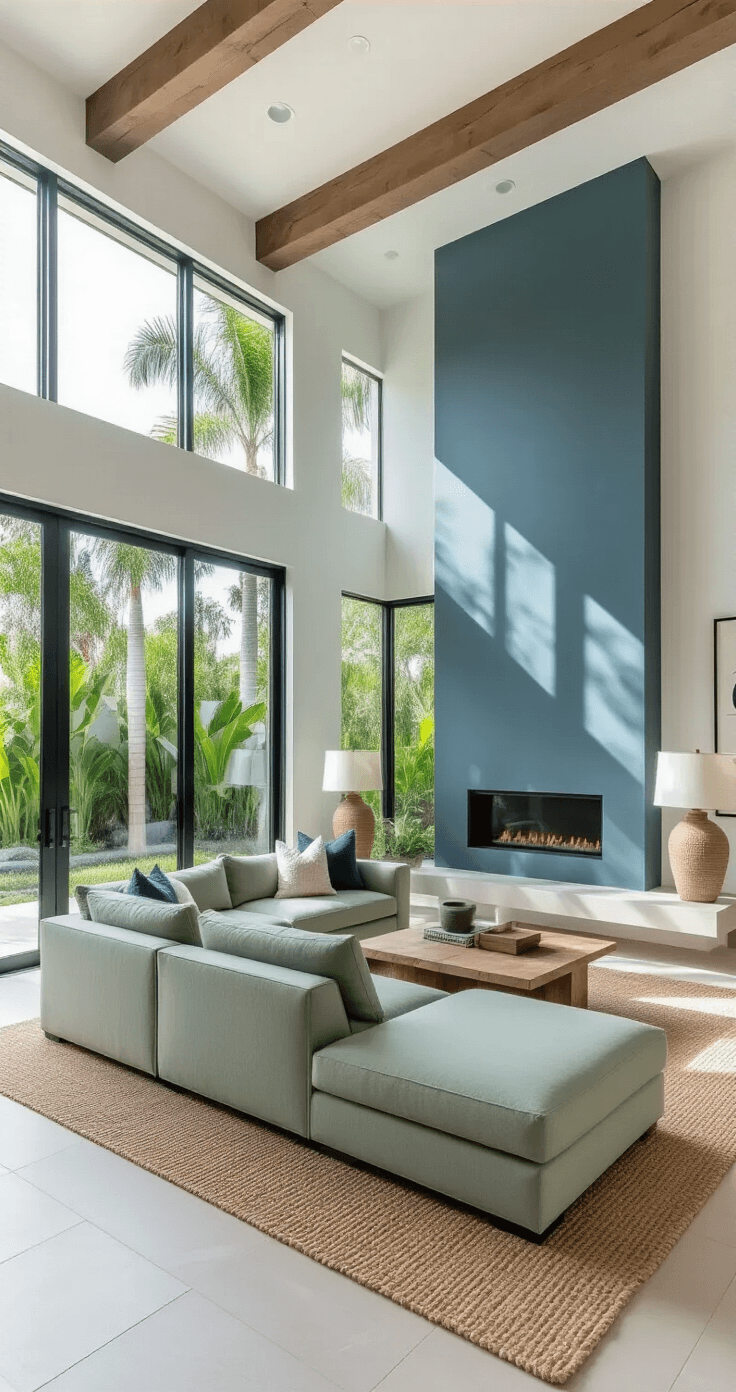 Contemporary Florida living room with white fiber cement walls, exposed wood beam ceiling, and large floor-to-ceiling windows showcasing lush landscaping. Features a sage green sectional sofa, a linear gas fireplace, a jute area rug, and a live-edge coffee table, all in a neutral palette of whites, grays, and muted coastal pastels.